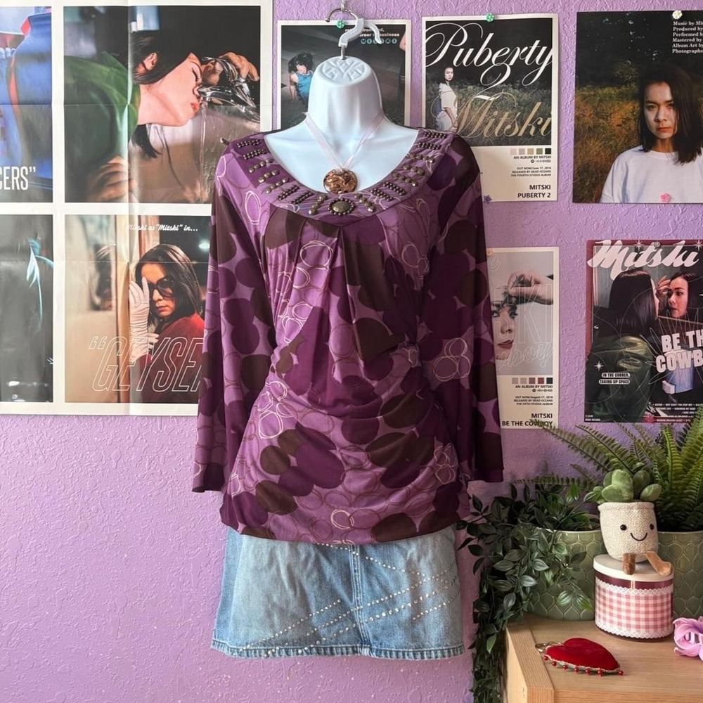 Y2K Purple Abstract Beaded Top Size 1x